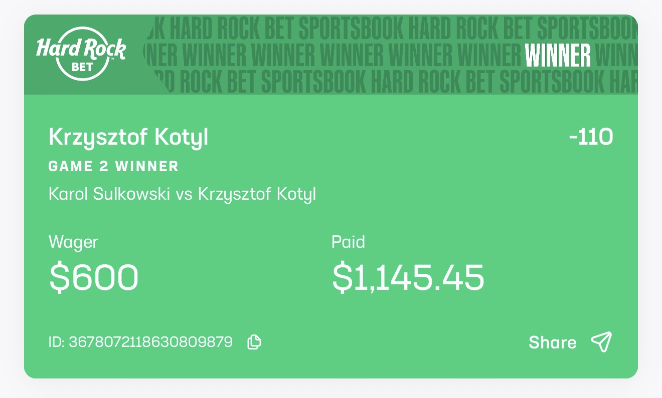 Hard Rock winning slip, $600 paid $1,145.45
